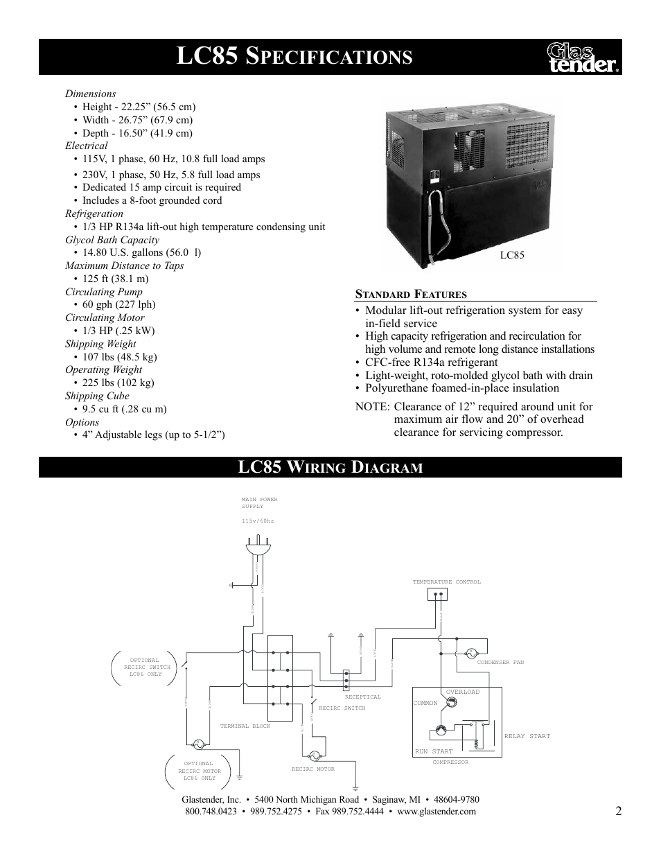 Lc85 s, Pecifications, Lc85 w | Iring, Iagram | Glastender LC47 User Manual | Page 5 / 28