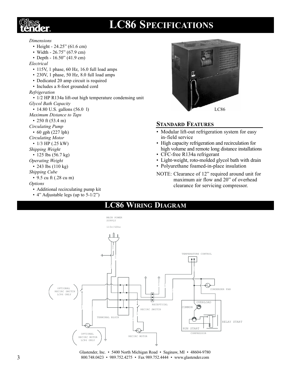 Lc86 s, Pecifications, Lc86 w | Iring, Iagram | Glastender LC47 User Manual | Page 6 / 28