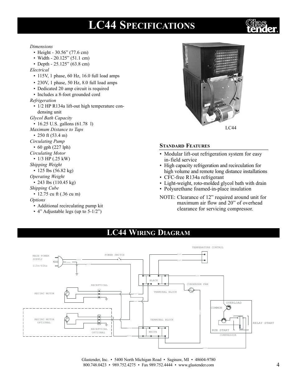 Lc44 s, Pecifications, Lc44 w | Iring, Iagram | Glastender LC47 User Manual | Page 7 / 28