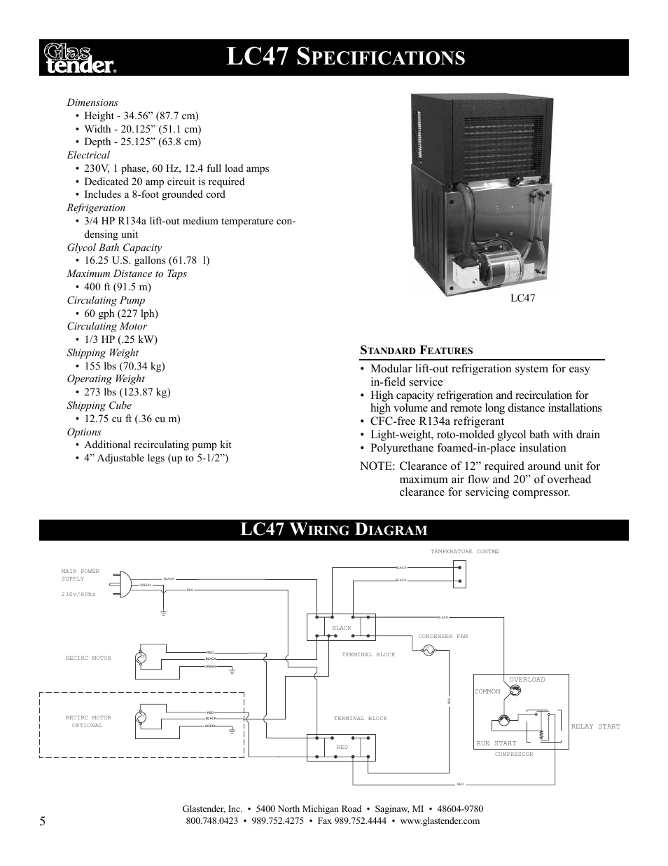 Lc47 s, Pecifications, Lc47 w | Iring, Iagram | Glastender LC47 User Manual | Page 8 / 28