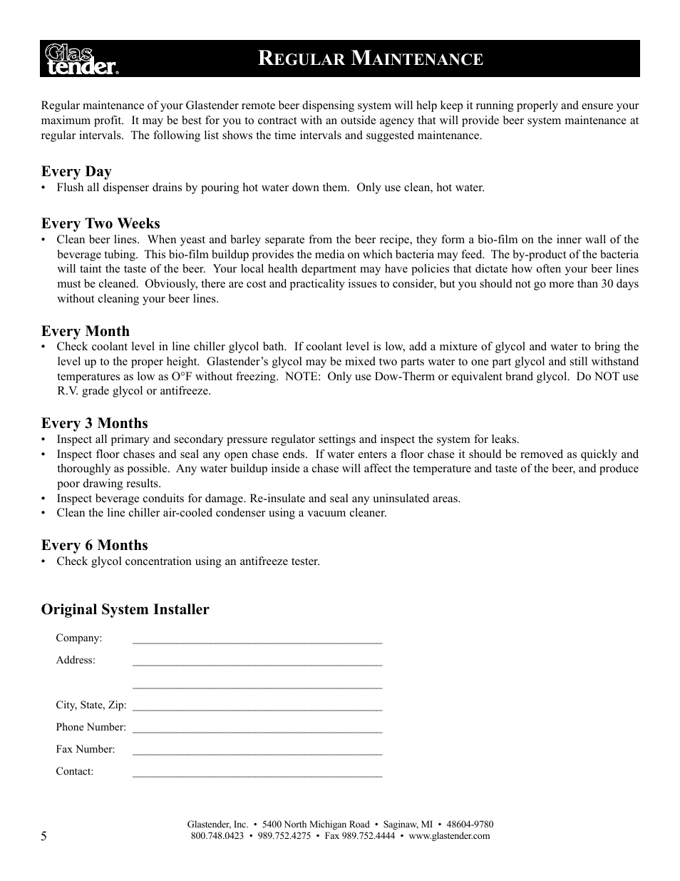 Egular, Aintenance, Every day | Every two weeks, Every month, Every 3 months, Every 6 months, Original system installer | Glastender Remote Beer Dispensing System User Manual | Page 8 / 12