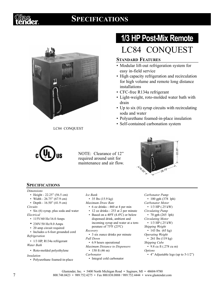 Lc84 conquest 1/3 hp post-mix remote, Pecifications | Glastender LC84 User Manual | Page 10 / 16