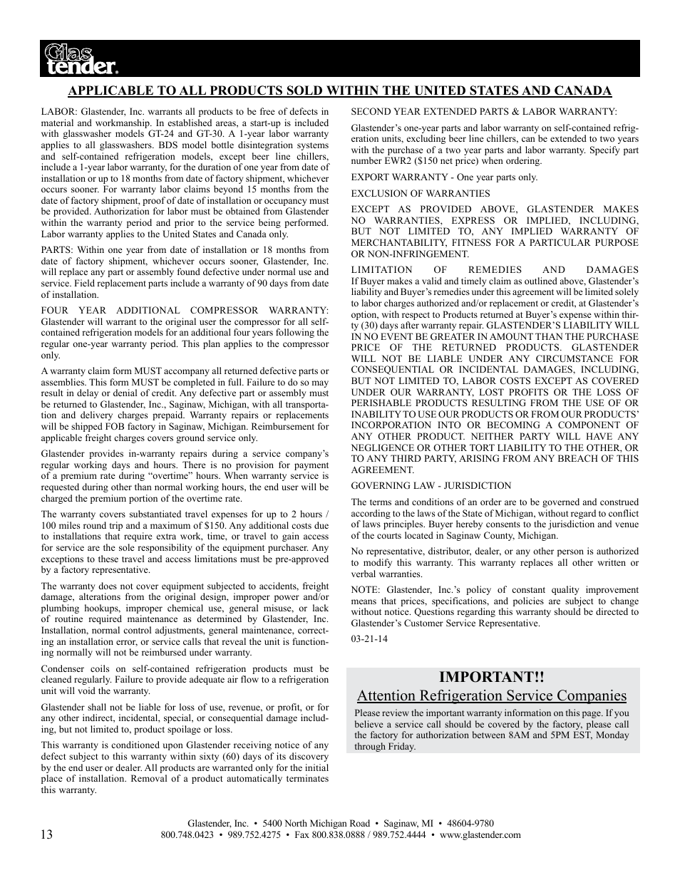 Glastender LC84 User Manual | Page 16 / 16