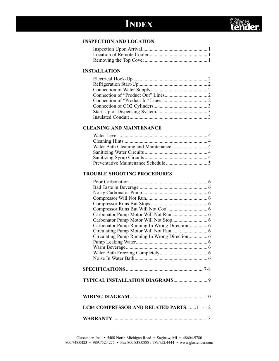 Ndex | Glastender LC84 User Manual | Page 3 / 16