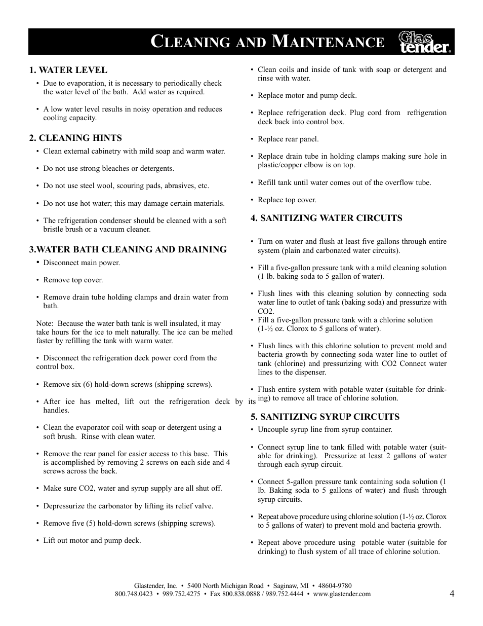 Leaning, Aintenance | Glastender LC84 User Manual | Page 7 / 16