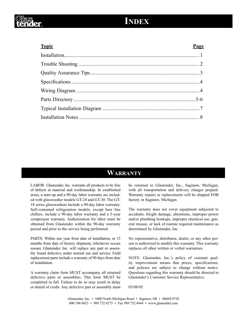 Ndex, Arranty | Glastender Juice Pro Dispensers User Manual | Page 3 / 12