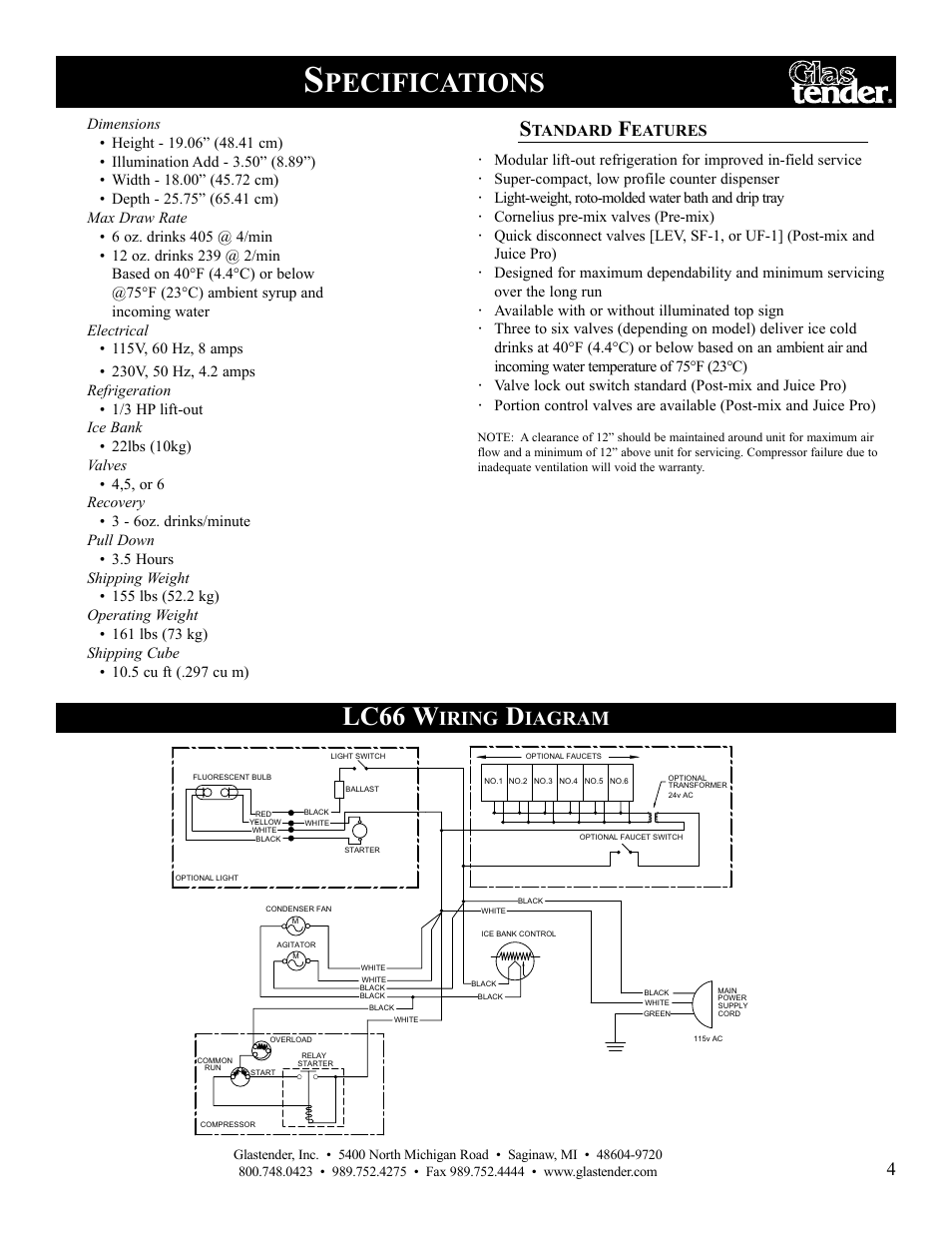 Pecifications, Lc66 w, Iring | Iagram, Tandard, Eatures | Glastender Juice Pro Dispensers User Manual | Page 7 / 12