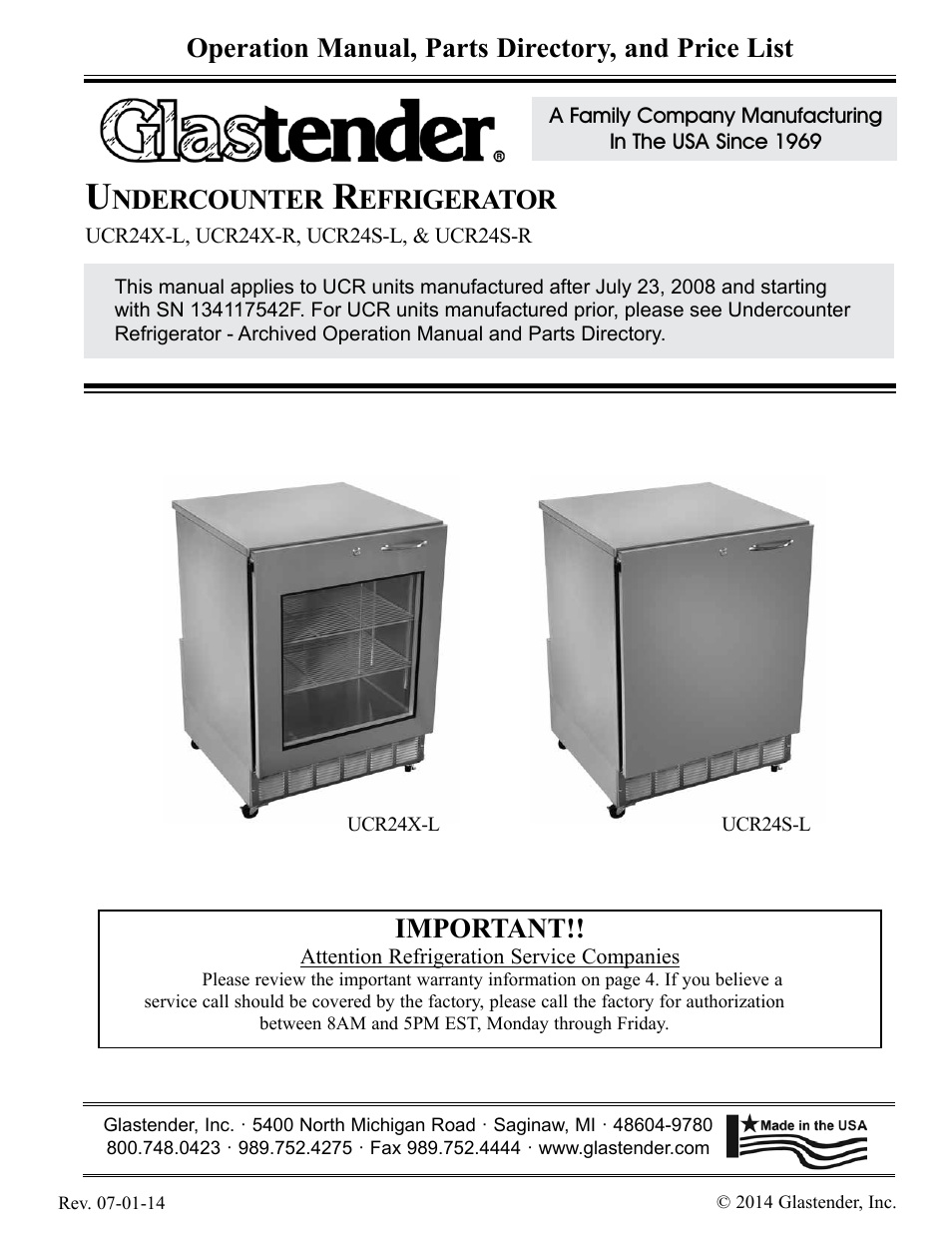Glastender UCR24S-R User Manual | 4 pages