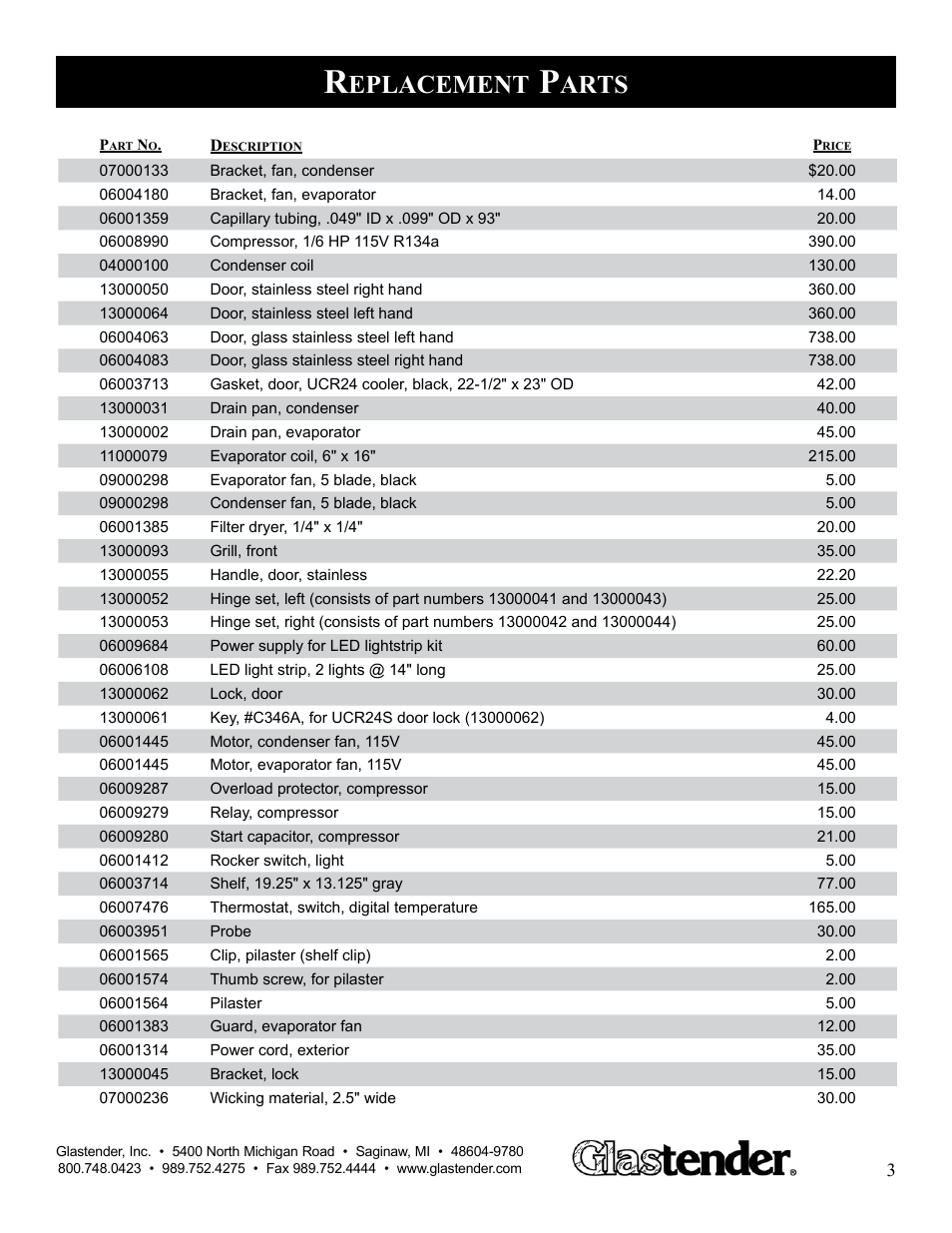 Eplacement, Arts | Glastender UCR24S-R User Manual | Page 3 / 4