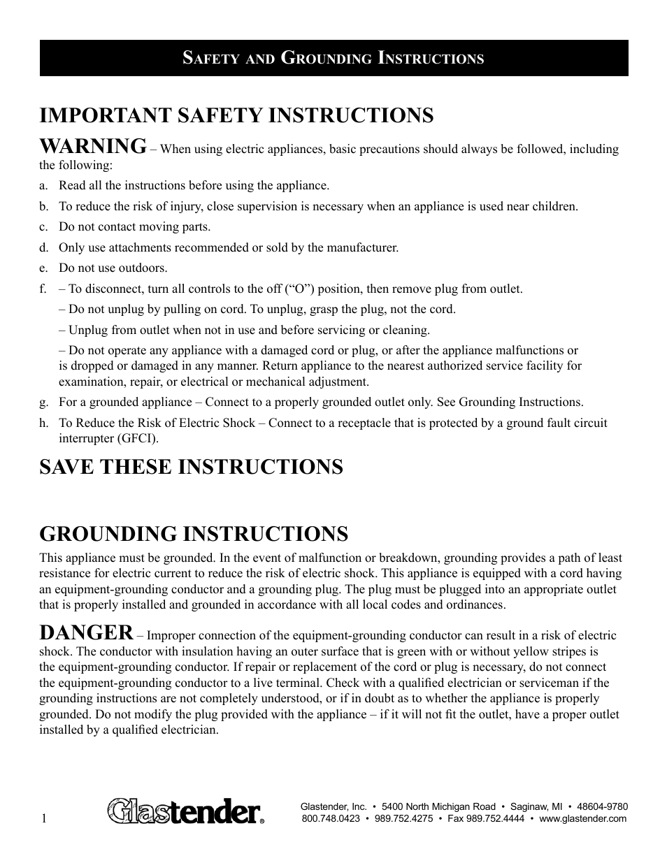 Important safety instructions warning, Save these instructions grounding instructions, Danger | Glastender Bottle Disintegration System User Manual | Page 2 / 13