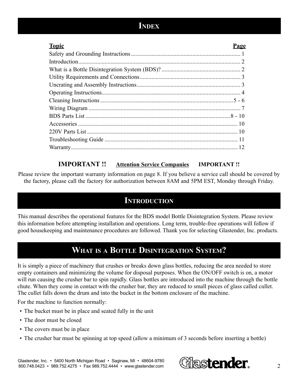 Glastender Bottle Disintegration System User Manual | Page 3 / 13