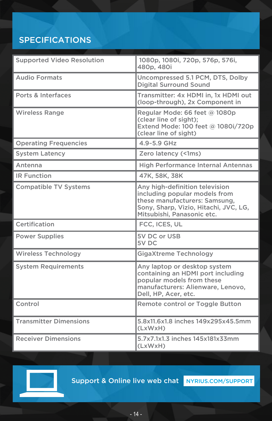 Specifications | Nyrius ARIES Matrix User Manual | Page 14 / 16
