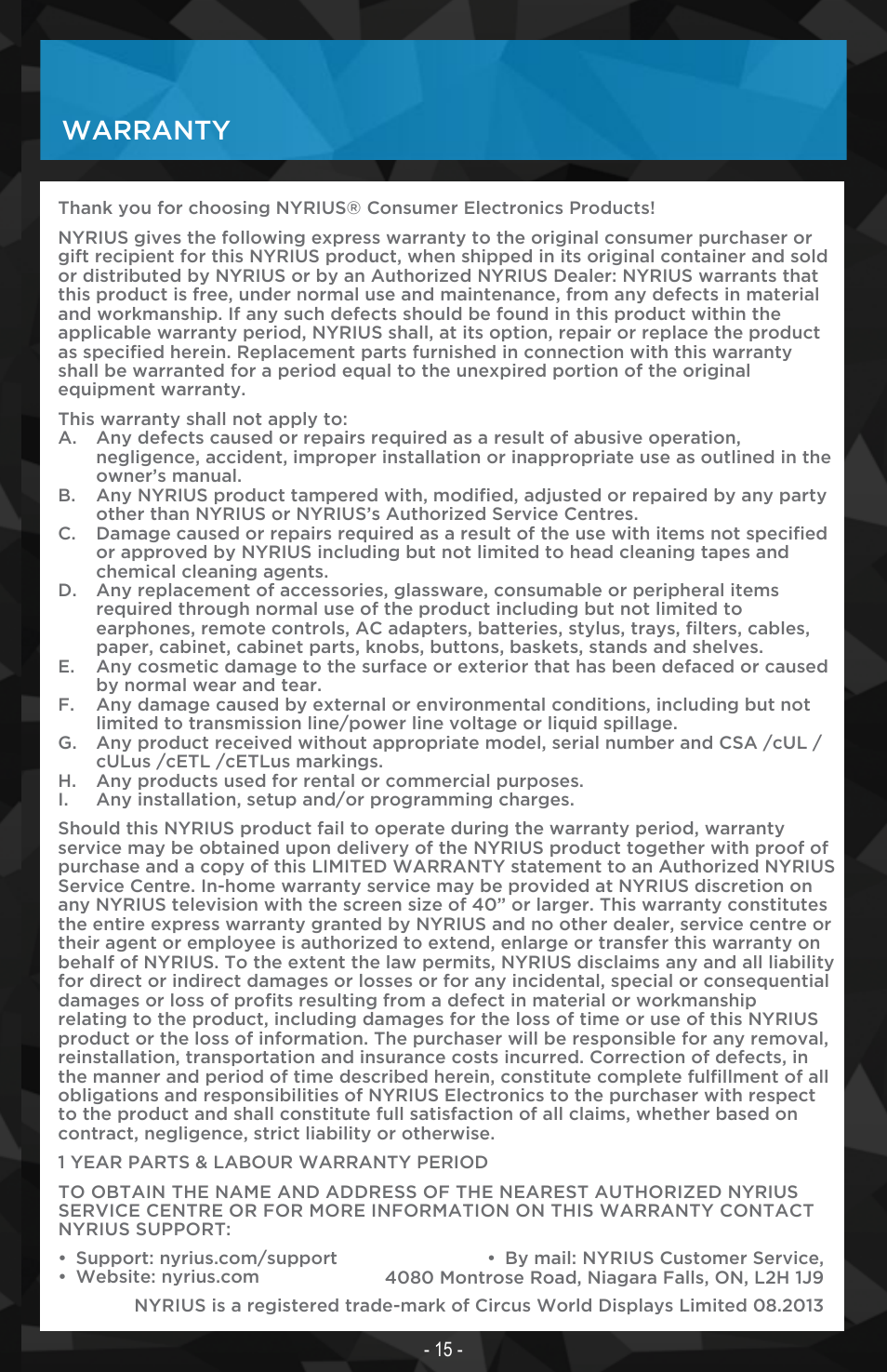 Warranty | Nyrius ARIES Matrix User Manual | Page 15 / 16