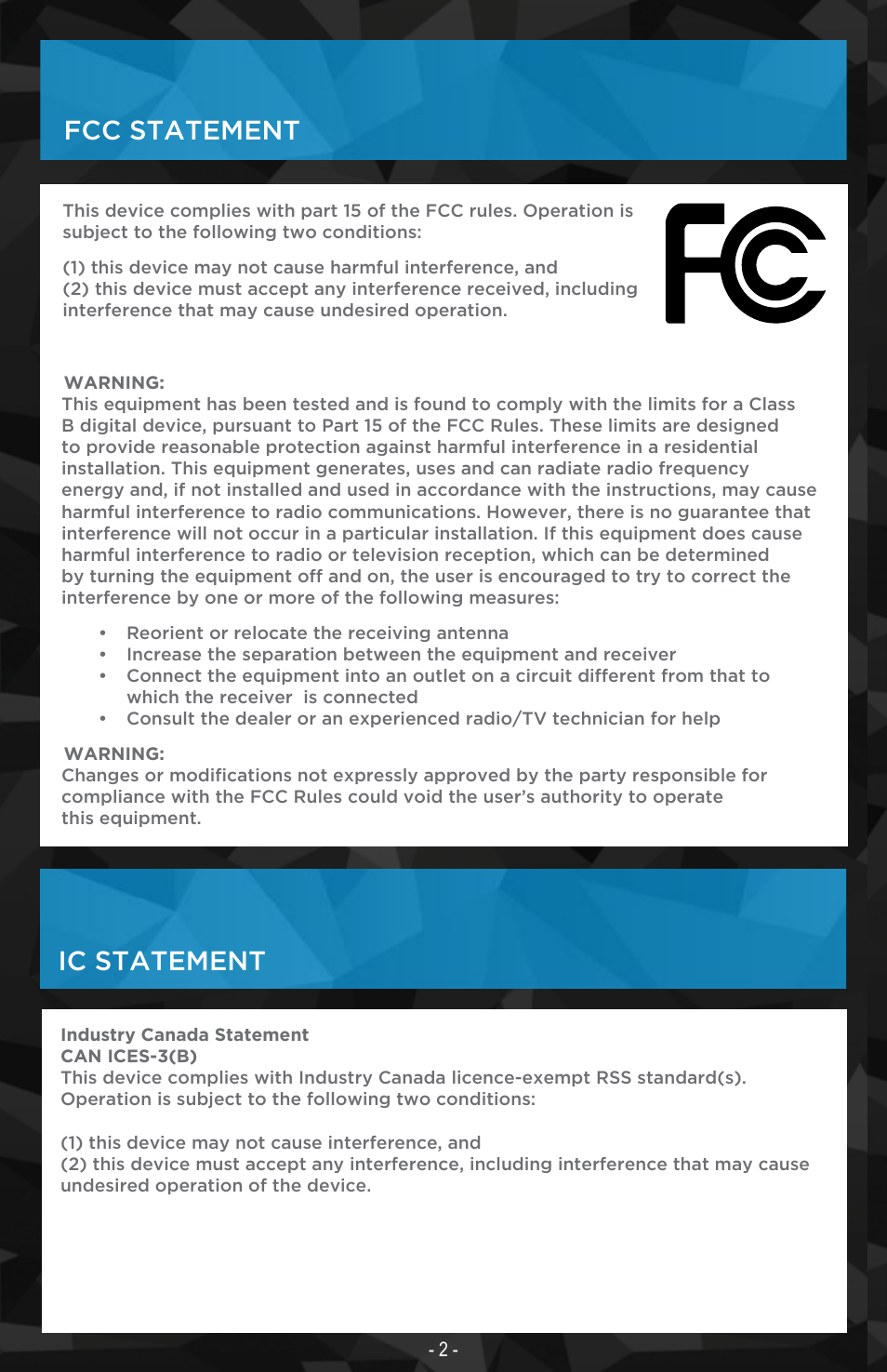 Fcc statement ic statement | Nyrius ARIES Matrix User Manual | Page 2 / 16