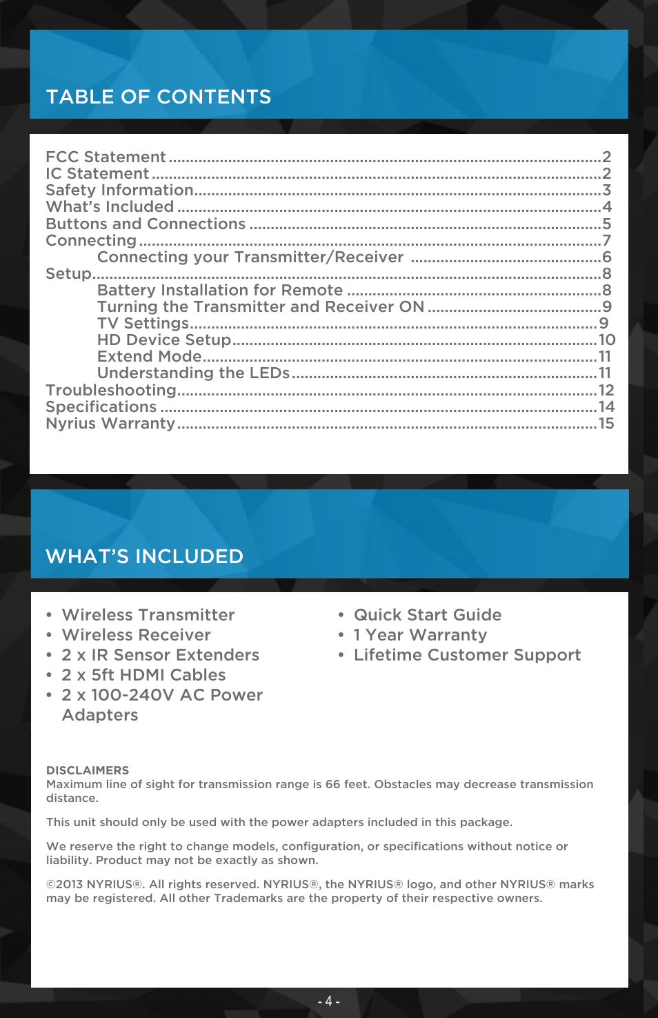 What’s included table of contents | Nyrius ARIES Matrix User Manual | Page 4 / 16
