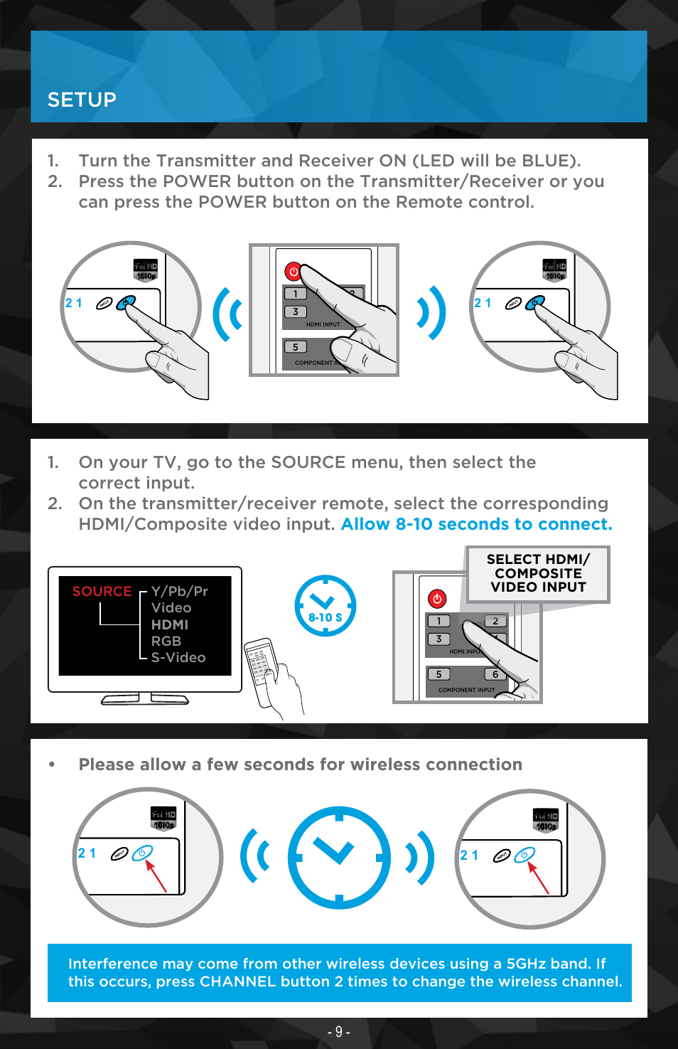 Setup, Please allow a few seconds for wireless connection, Y/pb/pr video hdmi rgb s-video source | Select hdmi/ composite video input | Nyrius ARIES Matrix User Manual | Page 9 / 16