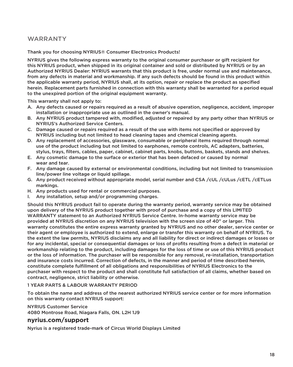 Warranty | Nyrius ARIES Home User Manual | Page 18 / 18