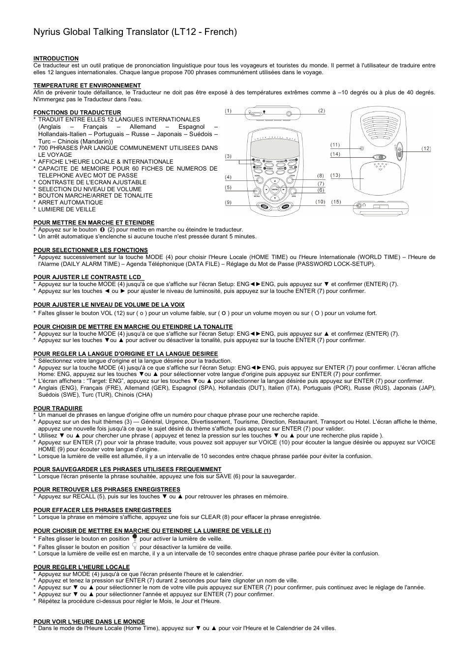 Nyrius global talking translator (lt12 - french) | Nyrius Digital Translator User Manual | Page 3 / 8