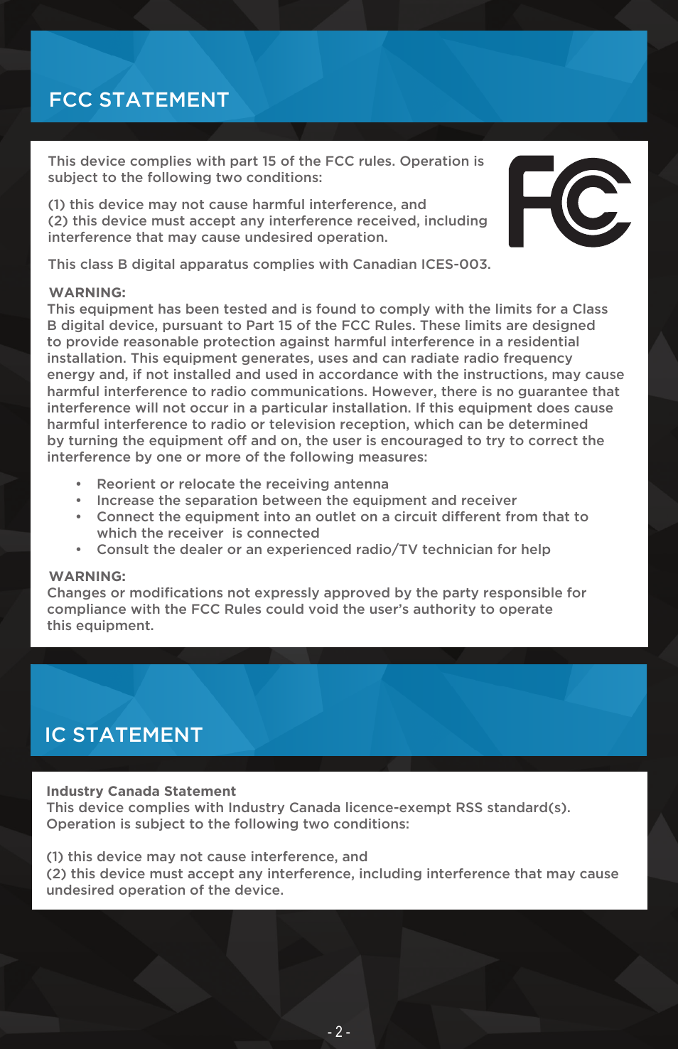 Fcc statement ic statement | Nyrius Songo Link (BR30) User Manual | Page 2 / 10