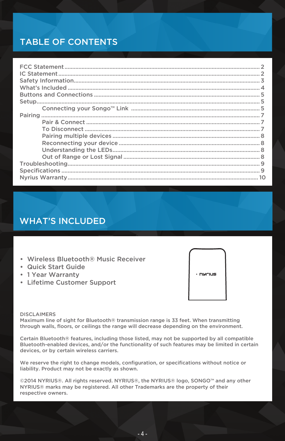 What’s included table of contents | Nyrius Songo Link (BR30) User Manual | Page 4 / 10