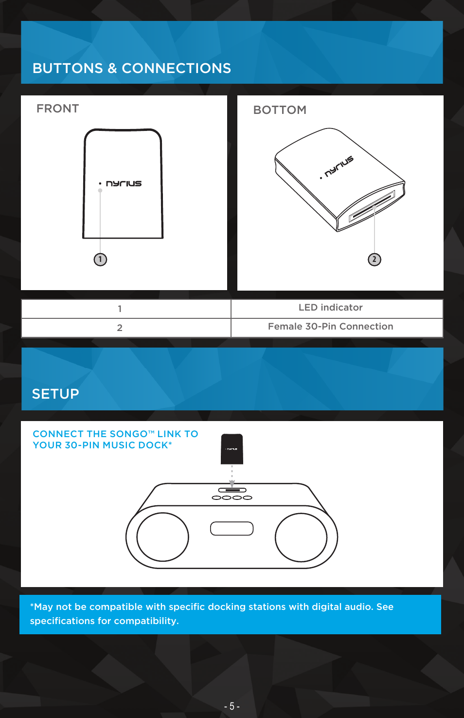 Buttons & connections, Setup | Nyrius Songo Link (BR30) User Manual | Page 5 / 10