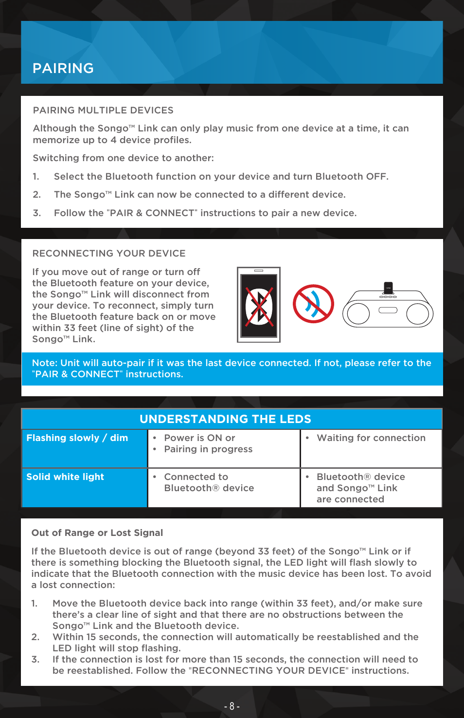 Pairing, Understanding the leds | Nyrius Songo Link (BR30) User Manual | Page 8 / 10