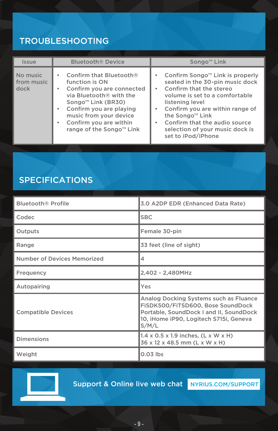 Troubleshooting specifications, Support & online live web chat | Nyrius Songo Link (BR30) User Manual | Page 9 / 10