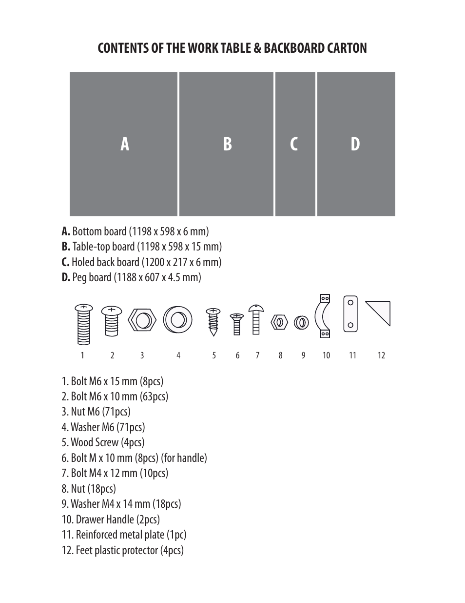 Ab c d, Contents of the work table & backboard carton | Trademark Tools SINGLE DRAWERWORKBENCH User Manual | Page 2 / 10