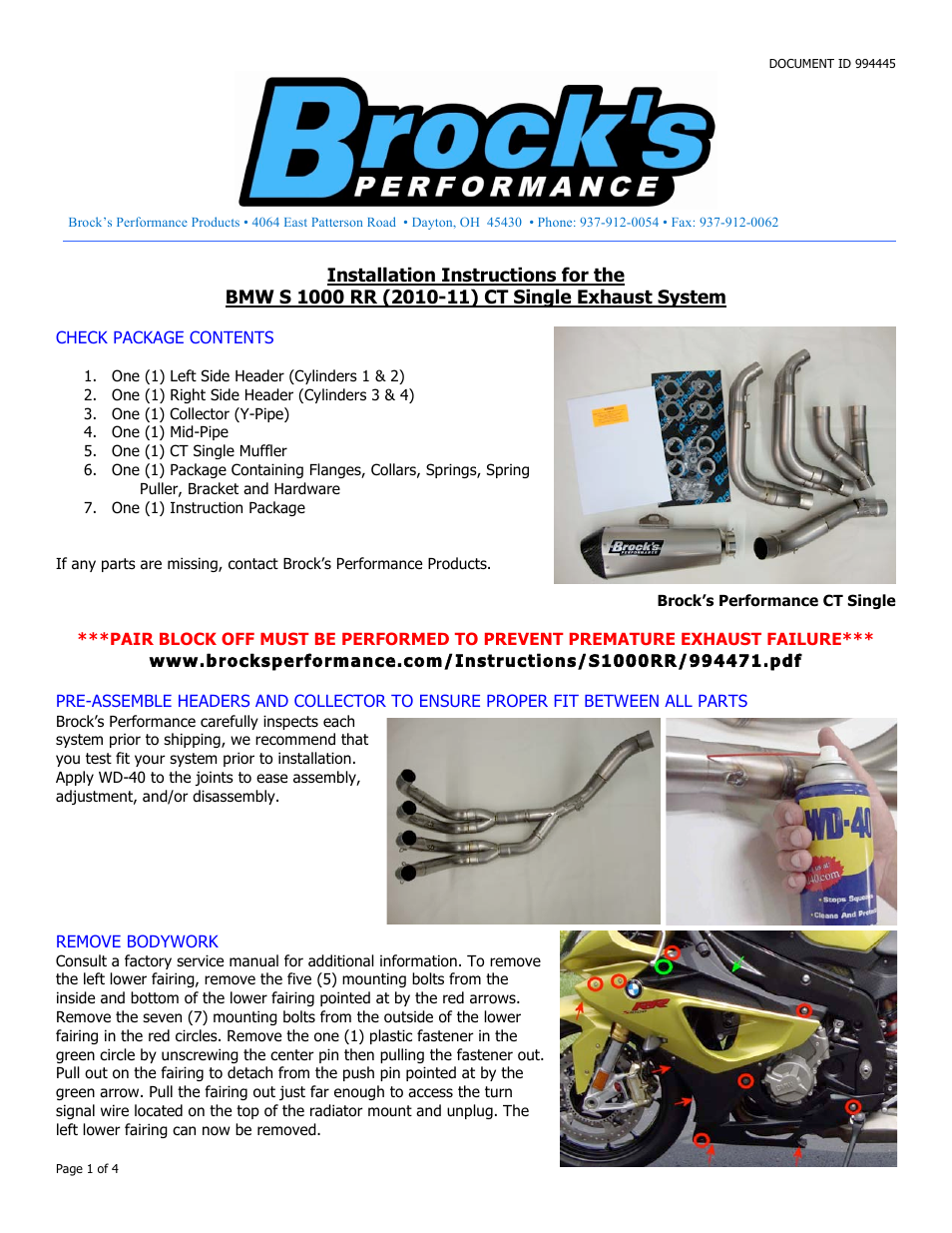 Brocks Performance CT Single Full System 16" QuietKore Muffler S1000RR/R (10-14) User Manual | 4 pages