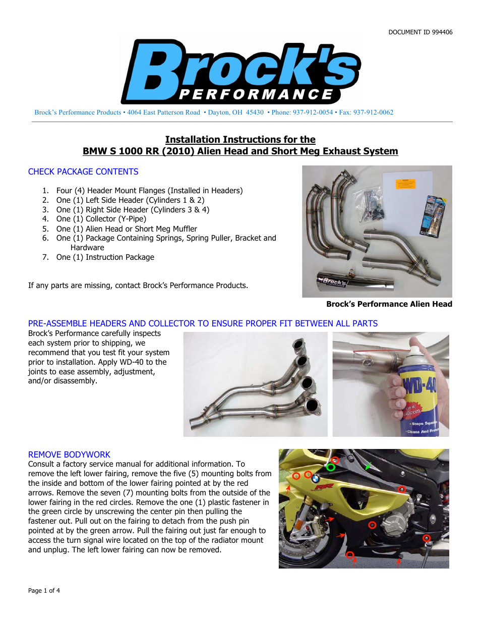 Brocks Performance ShortMeg 2 Full System 14" Muffler S1000RR (10-14) User Manual | 4 pages