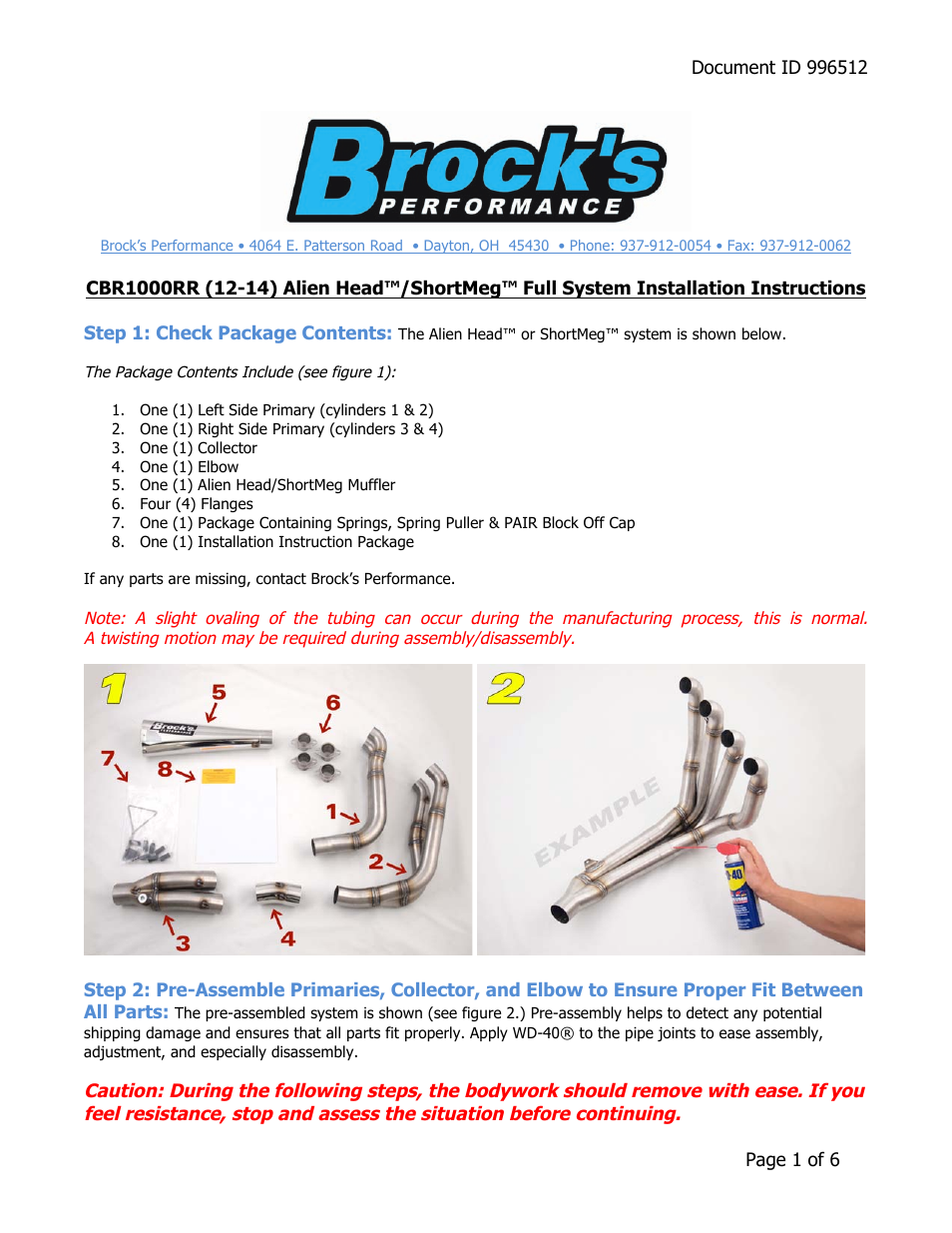 Brocks Performance ShortMeg Full System 14" Muffler CBR-1000RR (12-14) User Manual | 6 pages