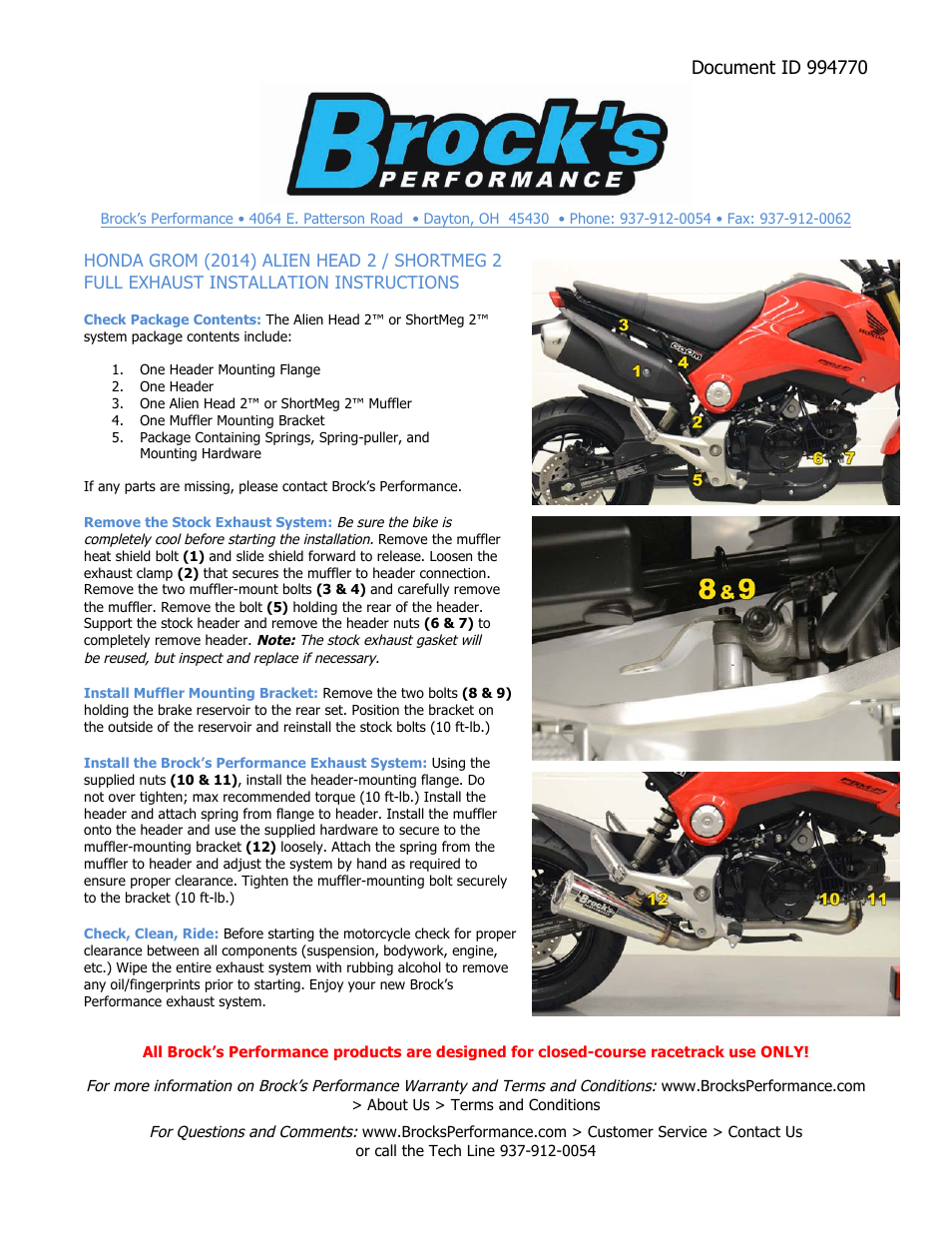 Brocks Performance ShortMeg 2 Full System 12'' Muffler Honda Grom (14-up) User Manual | 1 page