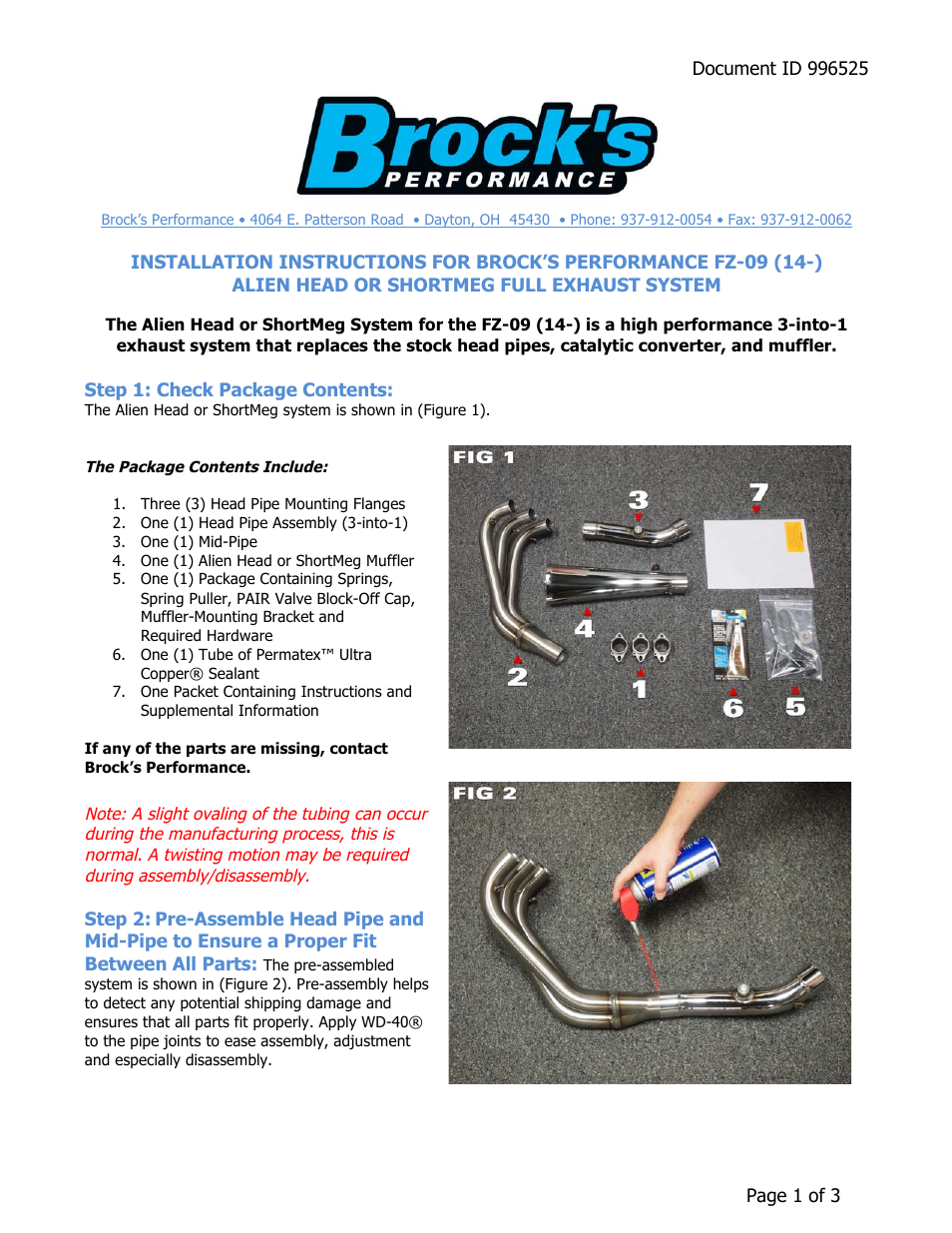 Brocks Performance ShortMeg Full System 14'' Muffler Yamaha FZ-09 User Manual | 3 pages