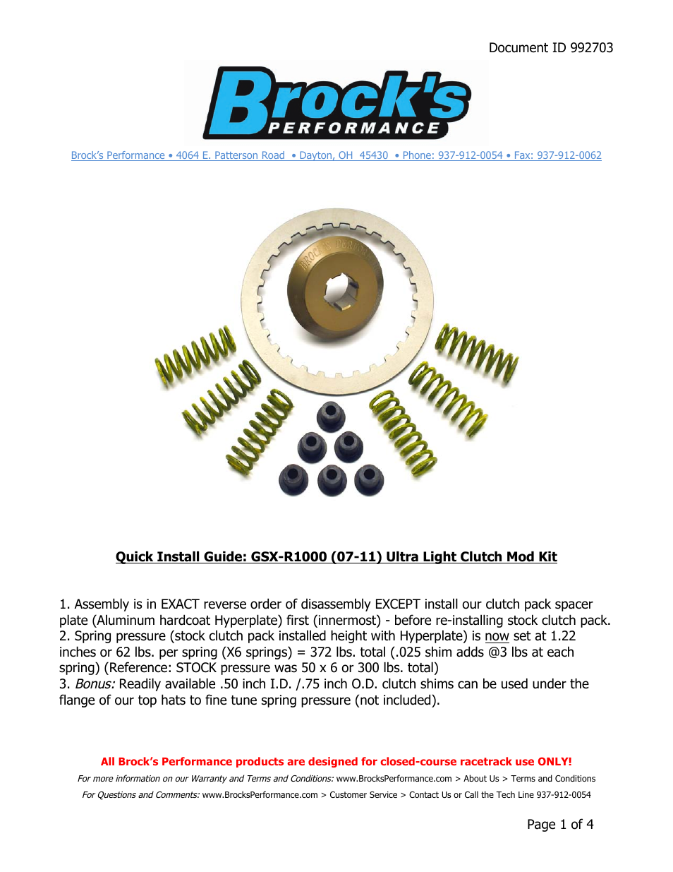 Brocks Performance Ultra Clutch Mod Kit GSX-R1000 (07-11) User Manual | 4 pages