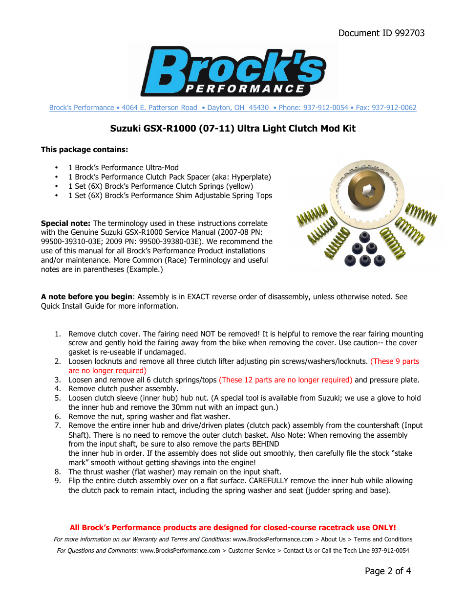 Brocks Performance Ultra Clutch Mod Kit GSX-R1000 (07-11) User Manual | Page 2 / 4