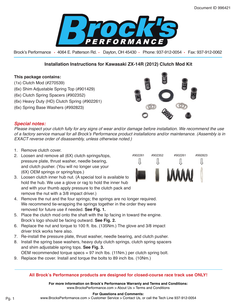 Brocks Performance Clutch Mod Kit Deluxe ZX-14R (12-15) User Manual | 2 pages