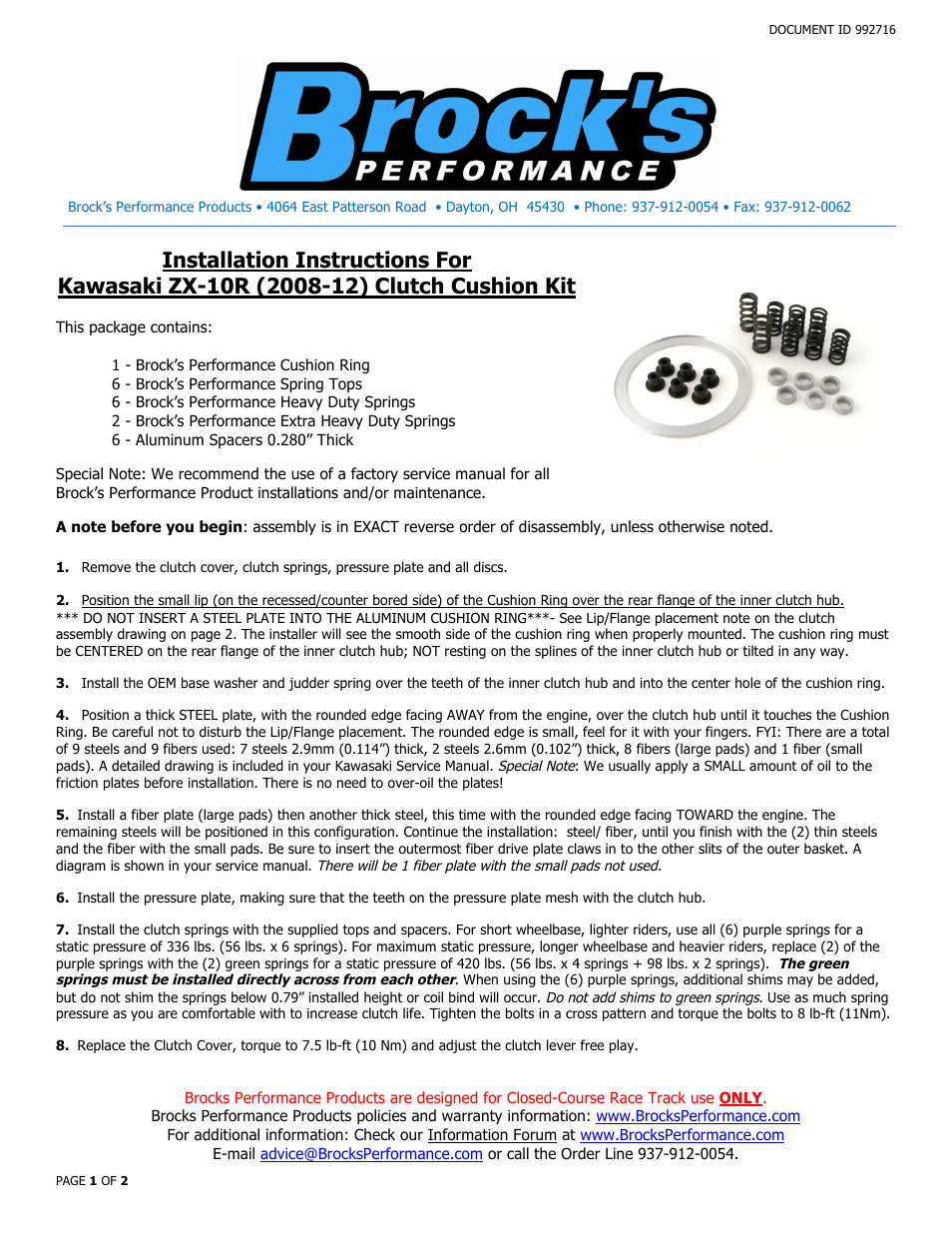 Brocks Performance Clutch Cushion Kit ZX-10R (08-14) User Manual | 2 pages