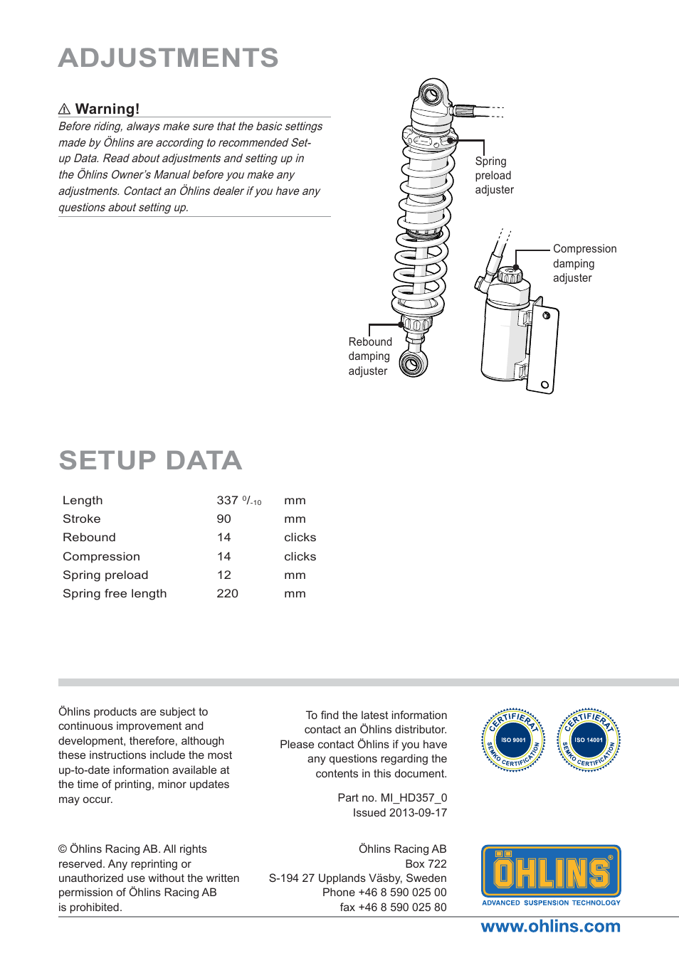 Setup data, Adjustments, Arninge | Brocks Performance Bagger Dragshocks (Race Version) (98-12) H-D Tourers FLH/FLT User Manual | Page 4 / 4
