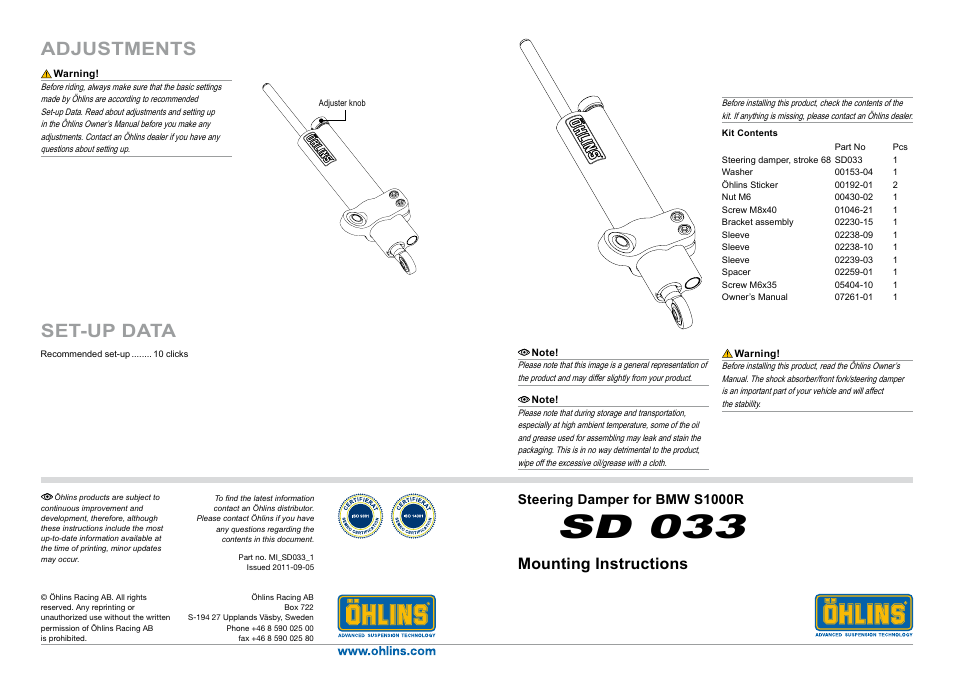 Brocks Performance Ohlins Steering Damper S1000RR (10-11) User Manual | 2 pages
