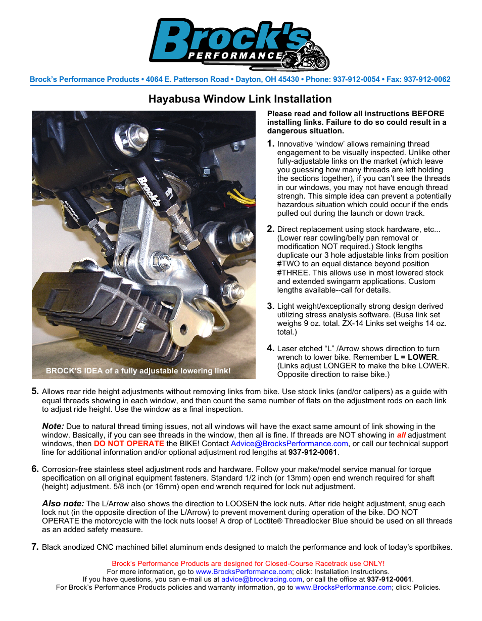 Brocks Performance Window Link Set Adjustable Busa (99-13) User Manual | 1 page