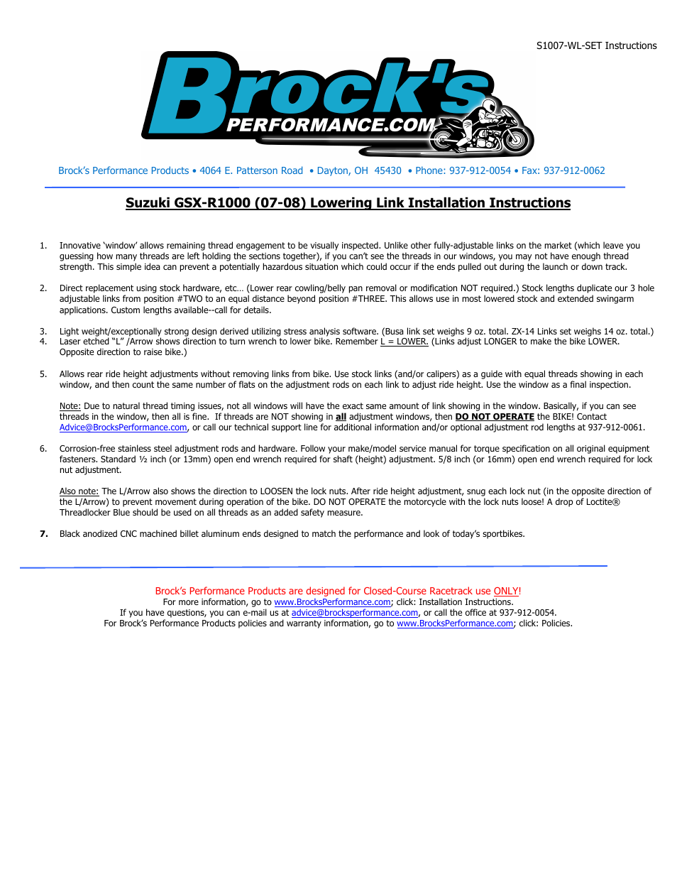 Brocks Performance Window Link Set Adjustable GSX-R1000 (07-08) User Manual | 1 page