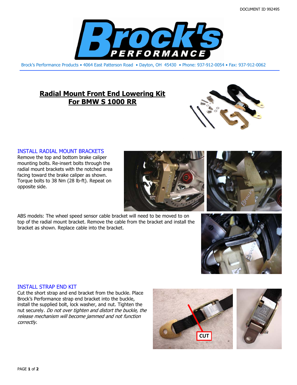 Brocks Performance Radial Mount Strap Bracket S1000RR (10-14) User Manual | 2 pages