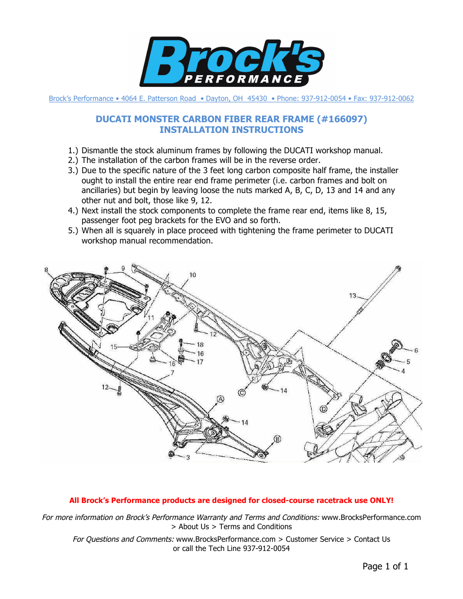 Brocks Performance Carbon Fiber Rear Frame Kit Monster models EVO User Manual | 1 page