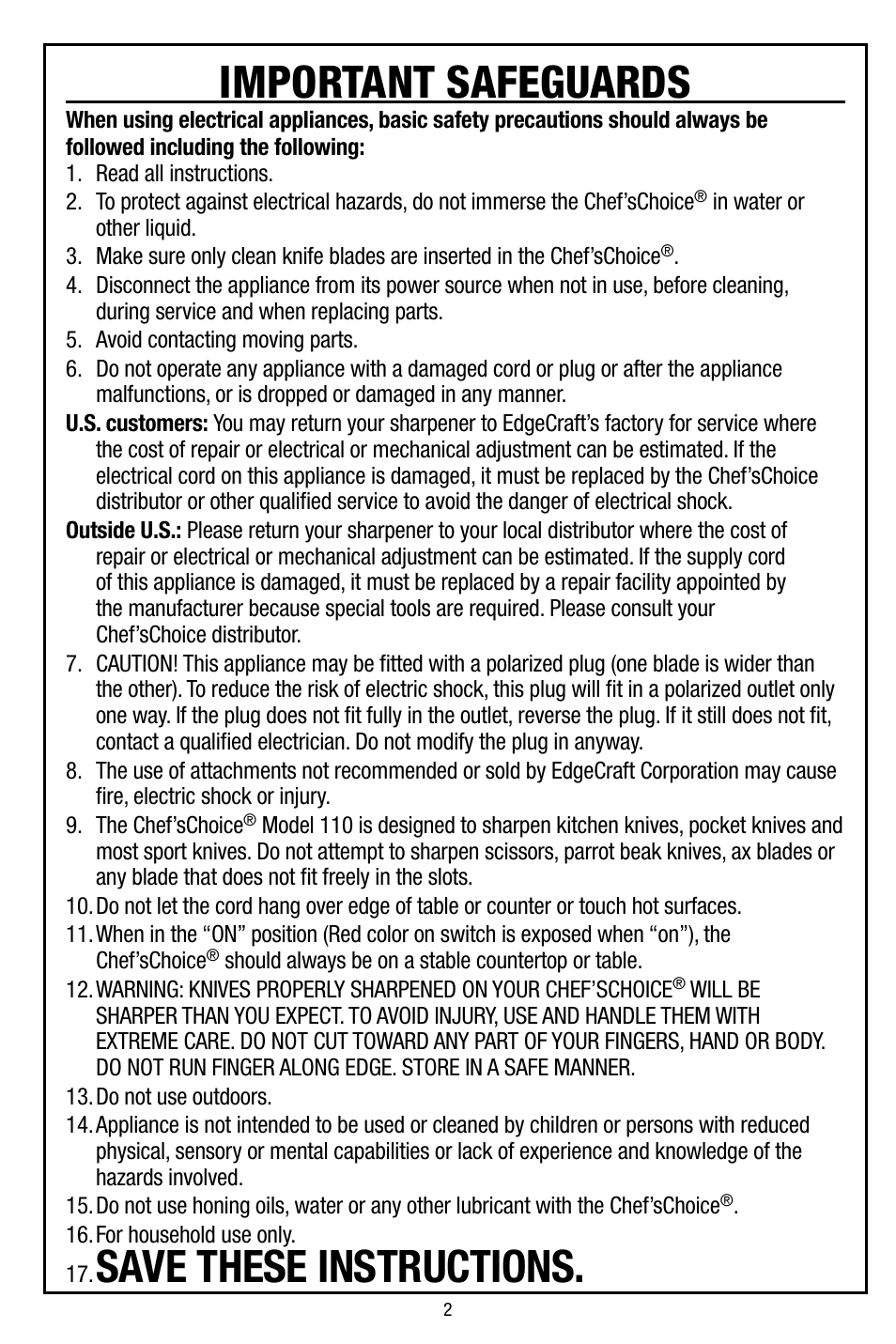 Important safeguards, Save these instructions | Edgecraft Chef's Choice 110 User Manual | Page 2 / 8