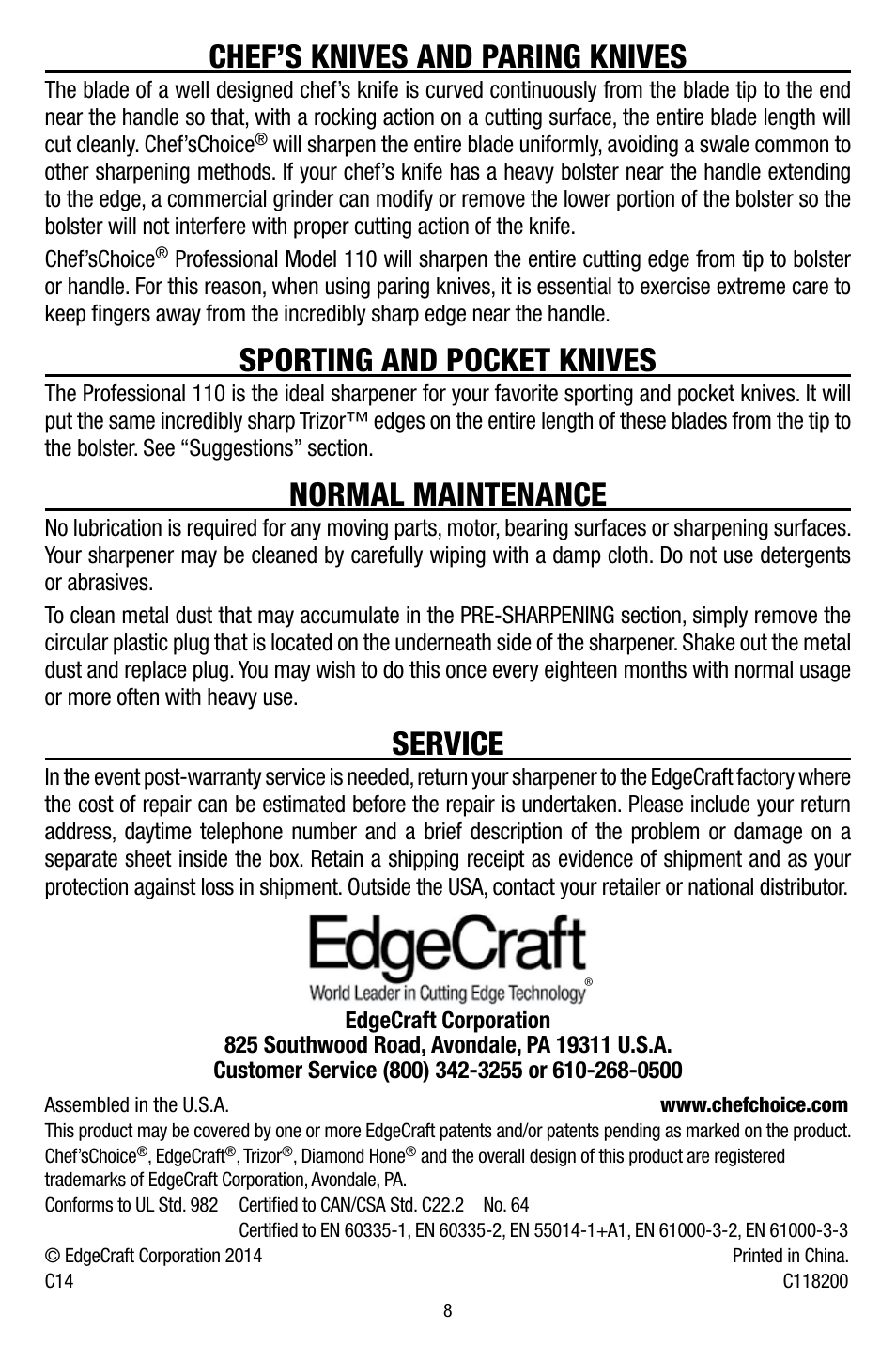 Chef’s knives and paring knives, Sporting and pocket knives, Normal maintenance | Service | Edgecraft Chef's Choice 110 User Manual | Page 8 / 8