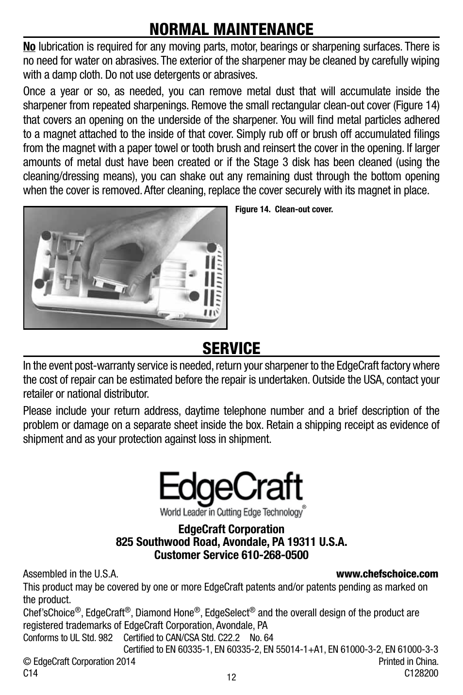 Normal maintenance, Service | Edgecraft Chef's Choice 120 User Manual | Page 12 / 12