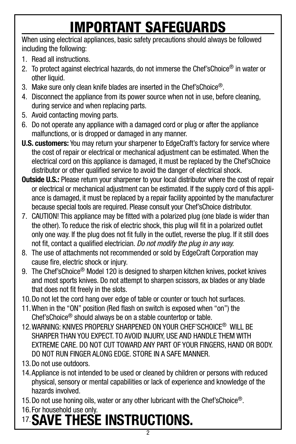 Important safeguards, Save these instructions | Edgecraft Chef's Choice 120 User Manual | Page 2 / 12