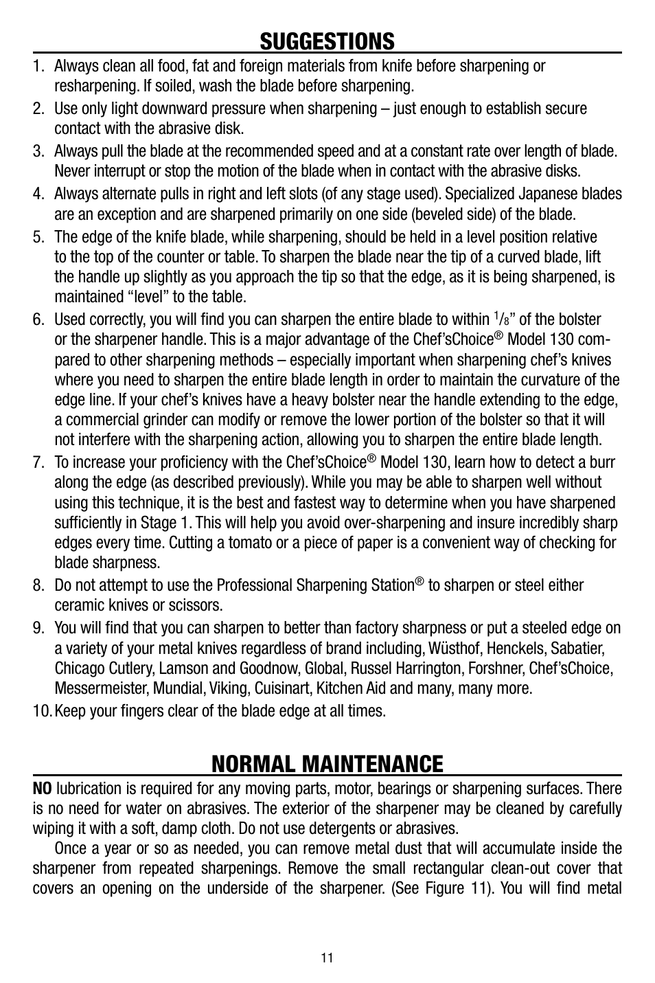 Suggestions, Normal maintenance | Edgecraft Chef's Choice 130 User Manual | Page 11 / 12