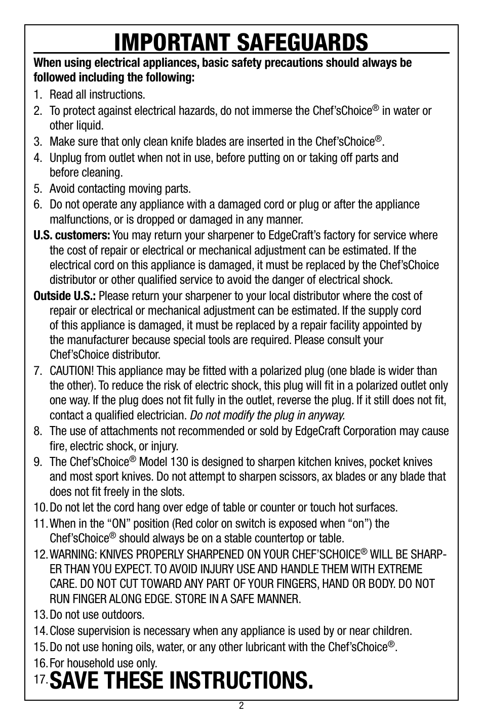 Important safeguards, Save these instructions | Edgecraft Chef's Choice 130 User Manual | Page 2 / 12