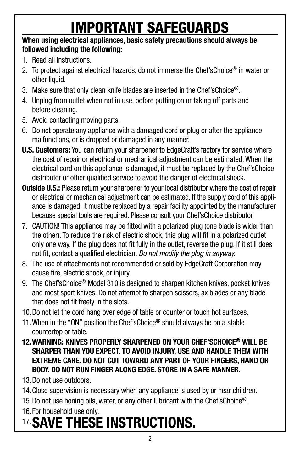 Important safeguards, Save these instructions | Edgecraft Chef's Choice 310 User Manual | Page 2 / 8